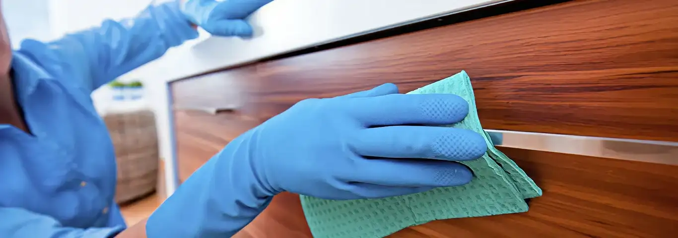Cleaner wearing blue gloves wiping a wooden cabinet drawer with a microfiber cloth for dust and grime removal, Anaheim, CA.