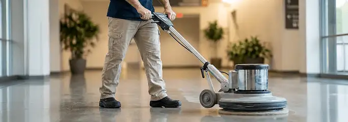 Professional technician using an industrial floor buffer to polish and maintain shiny commercial flooring in a corporate hallway in Anaheim, CA.