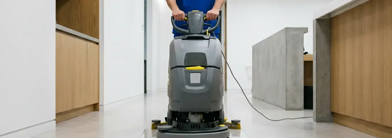 Janitorial staff using a floor scrubber machine to clean a commercial hallway, Anaheim, CA.