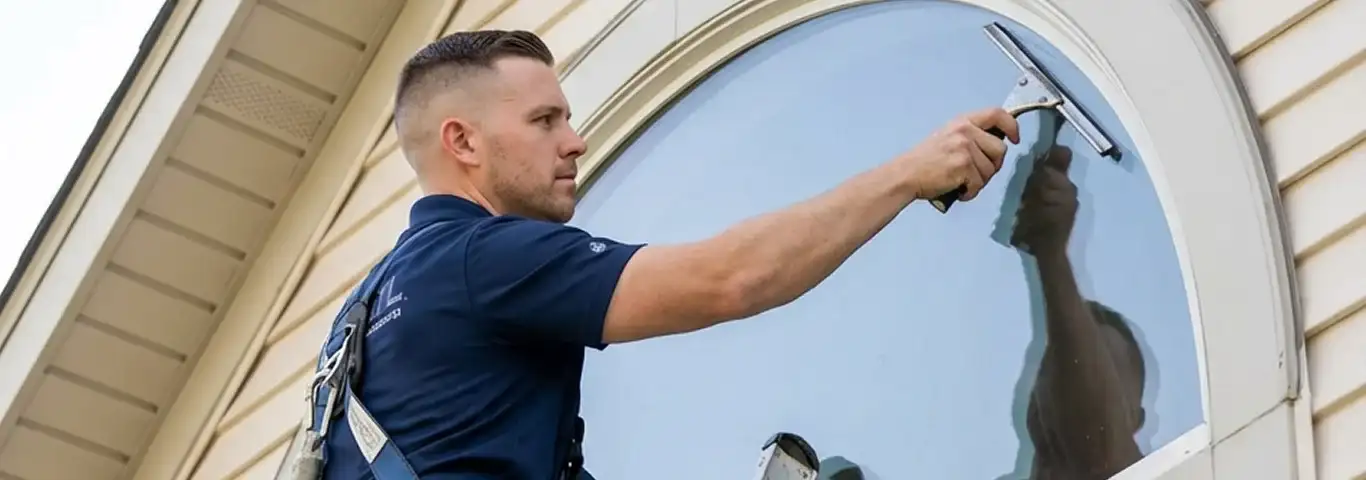 Professional window cleaner using a squeegee to clean an exterior arched window on a home, Anaheim, CA.