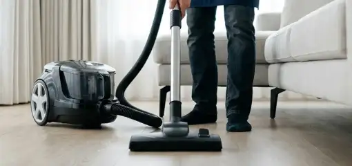 Professional house cleaner vacuuming a living room floor with a canister vacuum cleaner, Anaheim, CA.