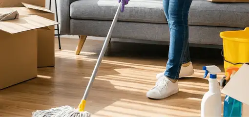 Move-out cleaning setup with a cleaner mopping hardwood floors near moving boxes and cleaning supplies, Anaheim, CA.