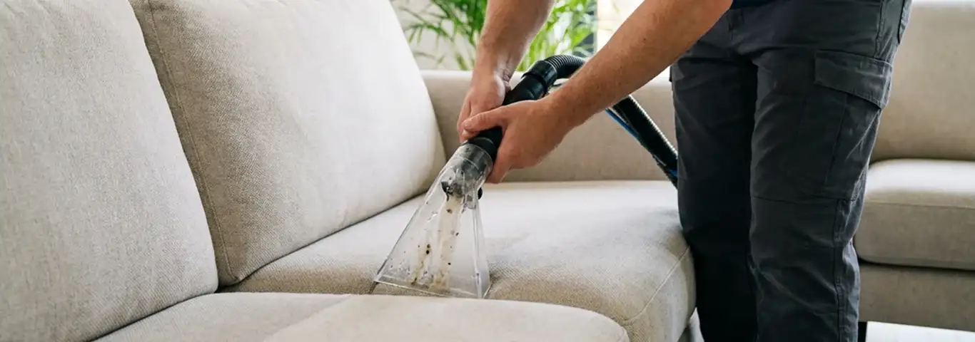 Technician extracting dirt and moisture from a fabric sofa with an upholstery cleaning wand, Anaheim, CA.