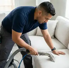Professional upholstery cleaning technician using an extraction wand to deep-clean a fabric sofa, Anaheim, CA.