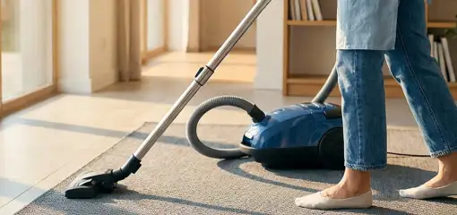 Person vacuuming a living room rug with a canister vacuum cleaner near large windows, Anaheim, CA.